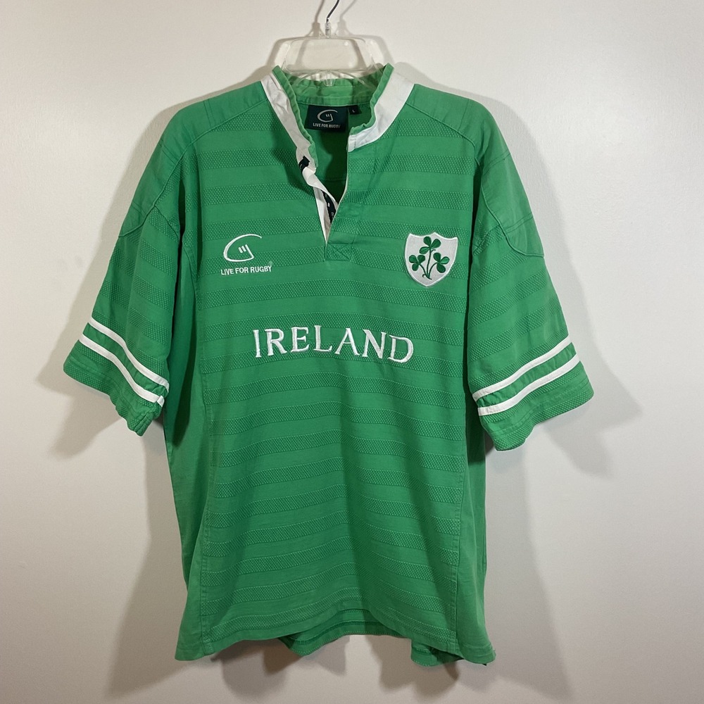 Live For Rugby Ireland Men L Green Textured Rugby Jersey Shirt Y2K Shamrock Polo
